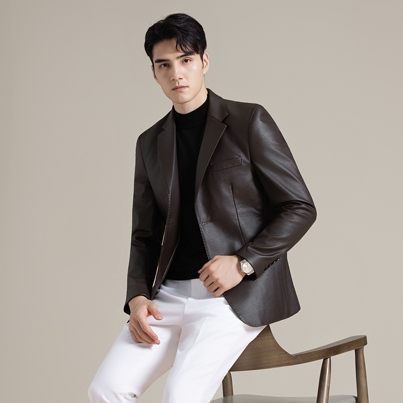 25秋季皮西装韩版修身皮衣外套商务休闲翻领夹克时尚简约男装上衣 - 图1
