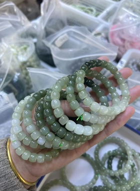 保真天然渐变老型珠手链女款青白玉手串天然玉石青海料手链真玉