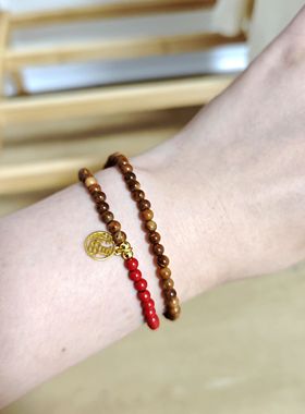 原创库克朱砂福牌双圈手链朱砂叠戴小米珠清心安神手工七夕礼物