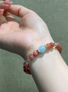 原创天然太阳石海蓝宝单圈手串女款新中式水晶佛珠手链饰品礼物