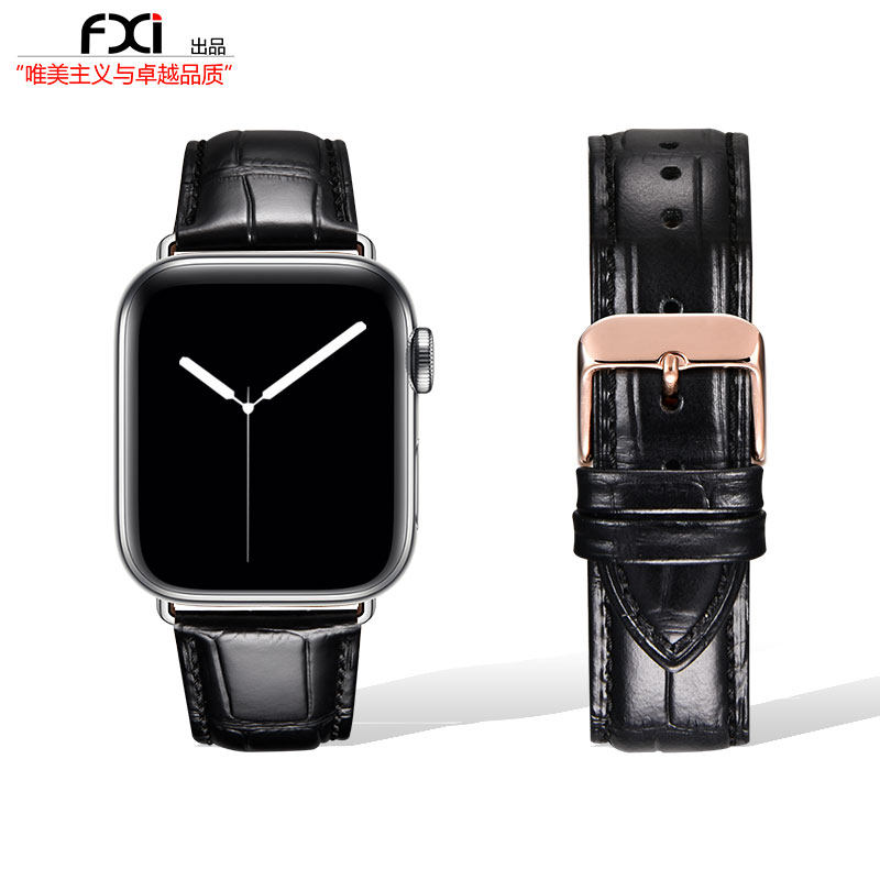 fxi黑色苹果手表表带真皮鳄鱼纹 fxi智能手表手环表带/腕带