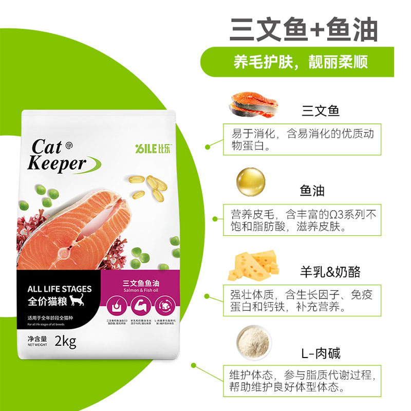 比乐守护者猫粮三文鱼鱼油牛肉蔓越莓成幼猫粮亮毛美毛去毛球2kg