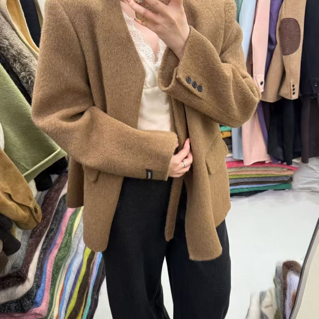 LASCELULA正品实体店同款高质感韩版V领双面羊毛呢外套女羊绒上衣 - 图3