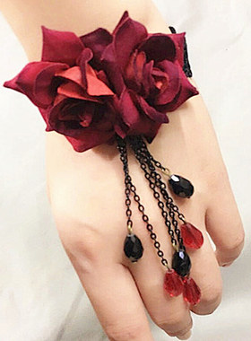 洛丽塔哥特吸血鬼暗黑系文艺复古红玫瑰花绒带手链