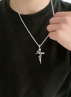 男荆棘玫瑰十字架项链女毛衣链