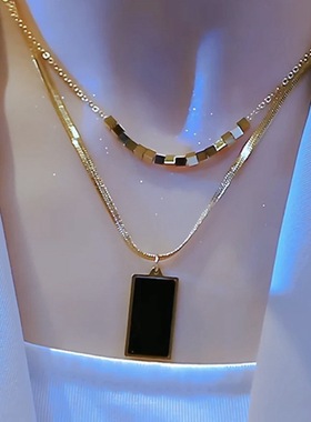 长条方牌双层叠戴锁骨链新款女
