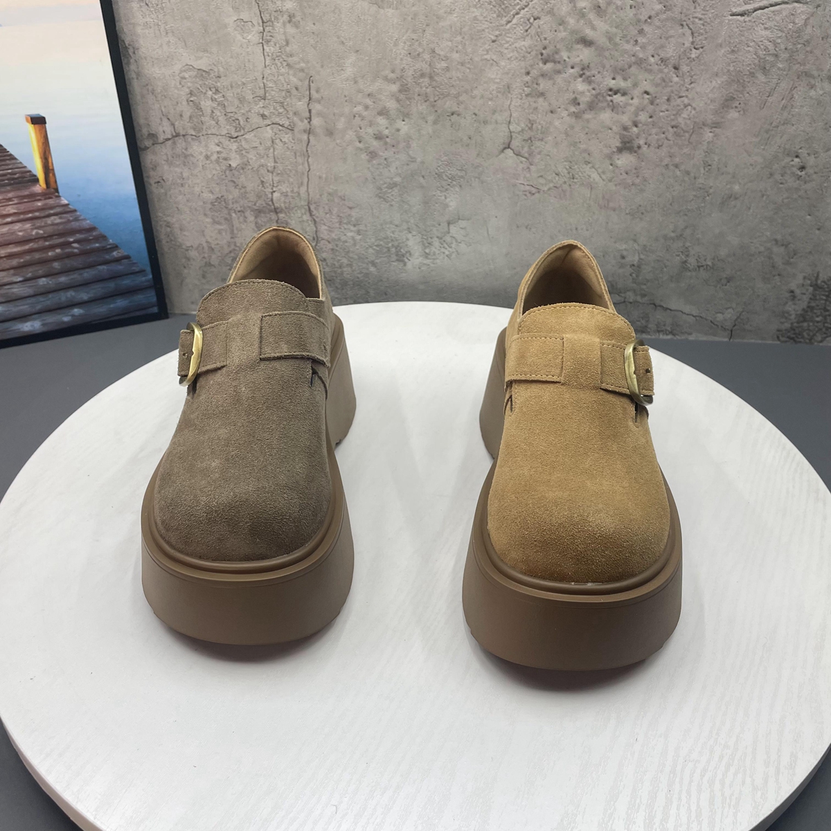 全真皮牛反绒厚底勃肯鞋2025秋季新款圆头套脚松糕博肯鞋单鞋女鞋 - 图0