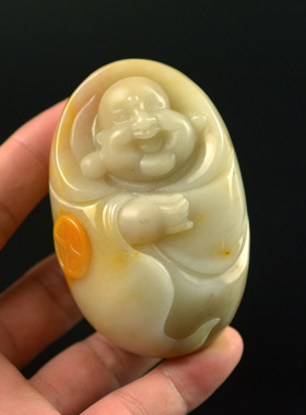 天然玛瑙玉髓手把玩件弥勒佛盘玩