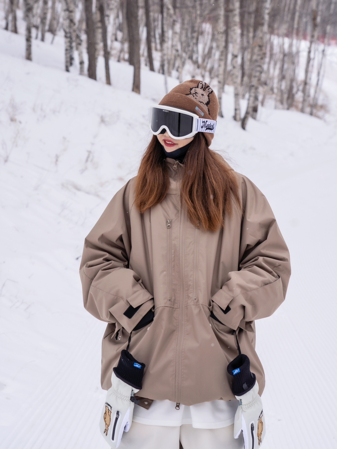 沈小仙doce防水防风连帽滑雪服滑雪裤巧克力色加绒加厚-图1