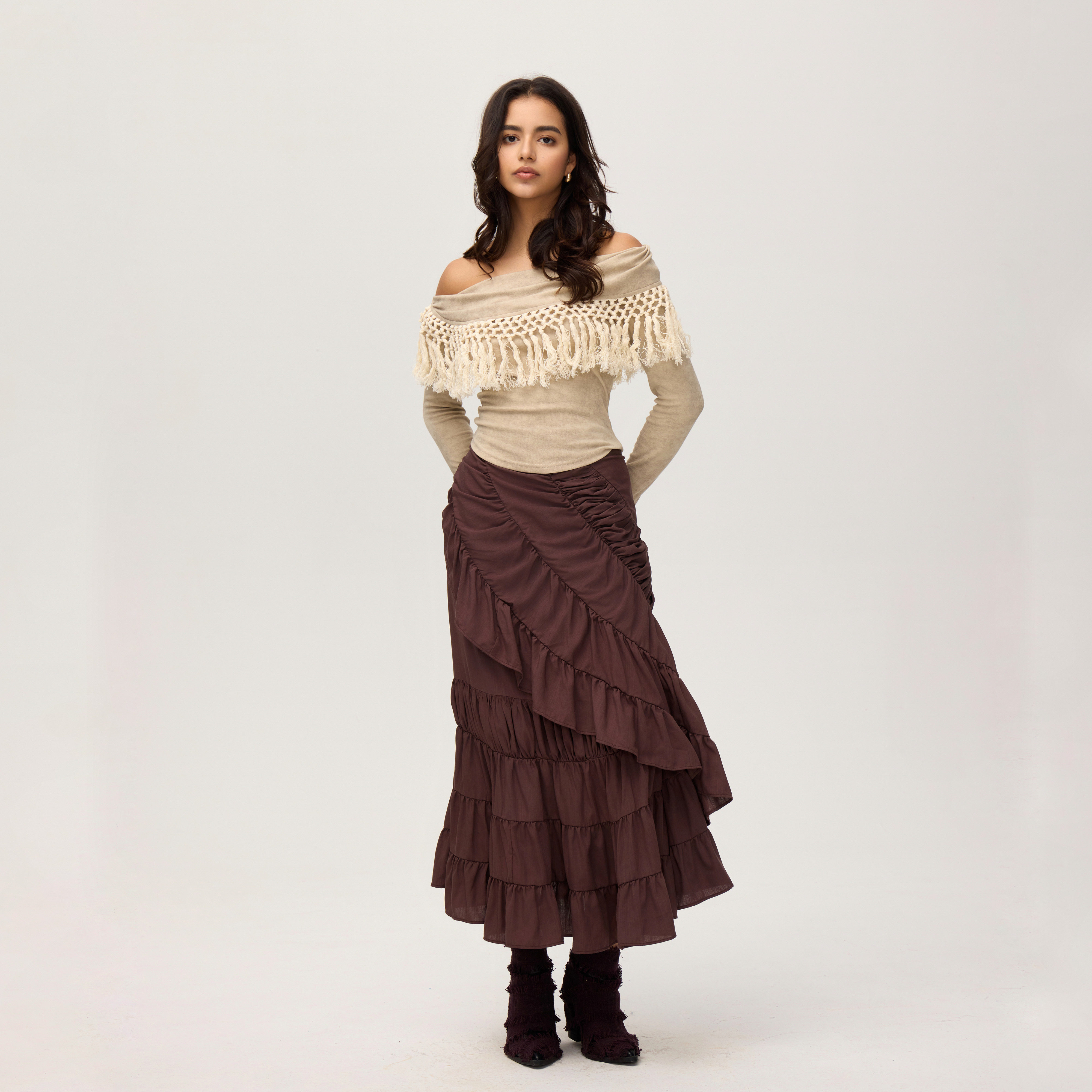 波西米亚波嬉风流苏露肩针织衫女一字肩斜肩翻领修身春夏秋上衣,淘宝优惠券,粉丝福利购,淘宝优惠卷