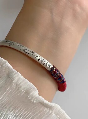 中国风祥云手镯女复古哑光实心镯子推拉送女友闺蜜生日礼物