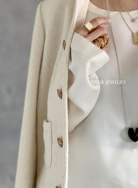 Annie Jewelry日系轻奢小众设计 珐琅白黑双面爱心吊坠毛衣长项链