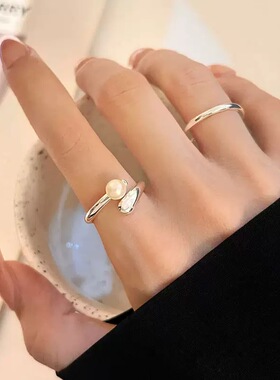 S925银法式珍珠戒指女轻奢高级感 网红小众设计极简素银开口指环