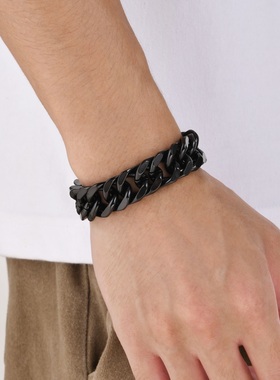 帅气黑色双织磨链钛钢手链欧美男