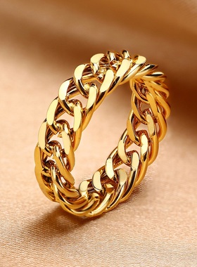 男钛钢欧美金色链条戒指不掉色