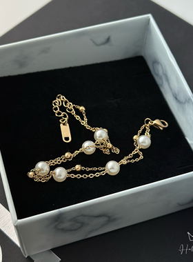 法式金珍珠手链女轻奢小众设计感手饰不掉色钛钢饰品女友闺蜜礼物