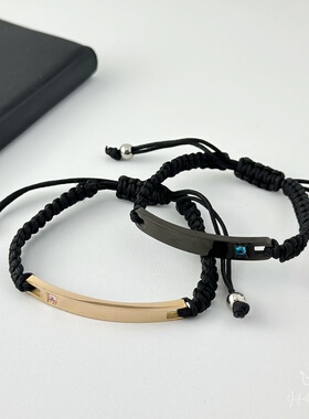 手工编织镶钻弯牌黑色手链男潮人简约时尚情侣手绳不掉色钛钢饰品