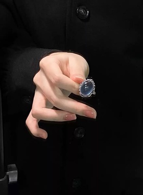 神秘贵气海蓝宝石戒指女款复古民族风招财新中式食指戒高颜值显白