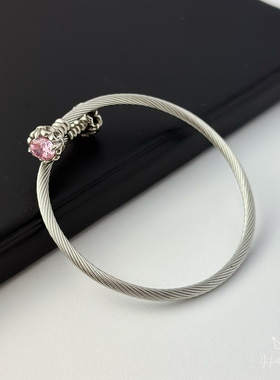 欧美潮流缠绕钢丝十字花粉钻开口手镯女简约百搭配饰 可调节大小