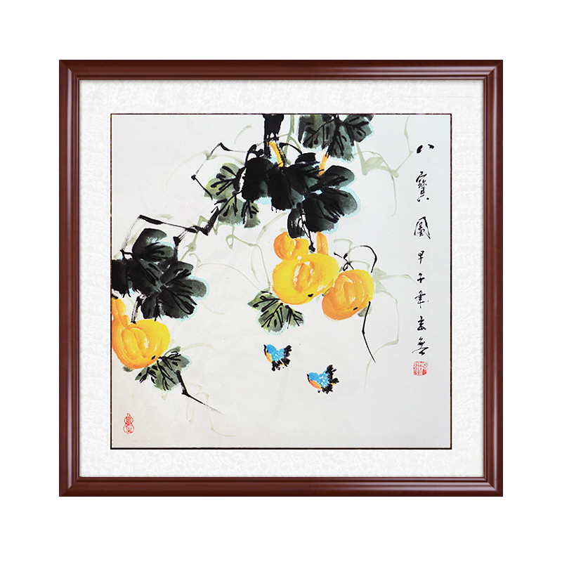 国画葫芦图新中式手绘客厅沙发背景玄关餐厅装饰挂画富贵牡丹花鸟 - 图3