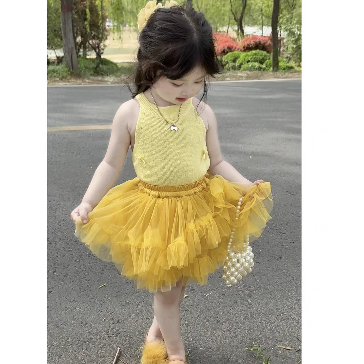 女宝宝夏季黄色公主裙套装卡通T恤洋气蓬蓬儿童纱纱短裙半身裙子,淘宝优惠券,粉丝福利购,淘宝优惠卷
