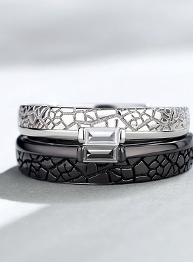 原创青丝白发情侣对戒菱形纹理黑白戒指个性潮流ins小众设计指环