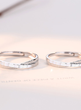 s925纯银情侣戒指一对韩版ins风菱形磨砂对戒简约开口指环可刻字