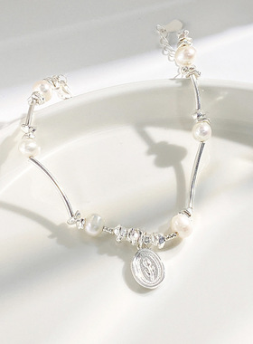 原创郁金香珍珠手链女925纯银法式ins小香风碎银串珠手镯小红书