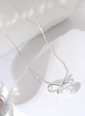 丝带蝴蝶结珍珠项链女s925纯银夏季ins甜美法式优雅小众锁骨链