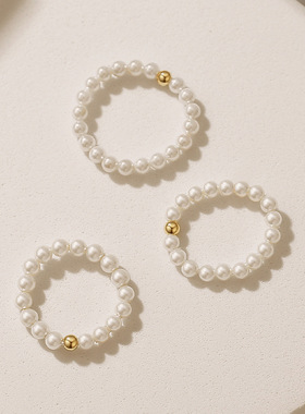 s925纯银贝珠戒指女百搭ins风小金豆食指戒网红复古气质串珠尾戒