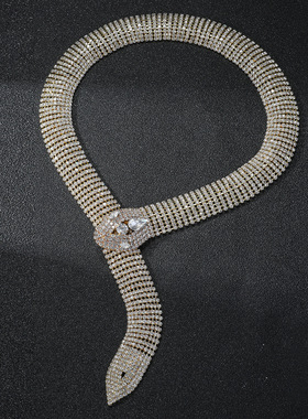 施家高级感配饰个性夸张满钻项链 时尚长款蛇形颈链蛇骨链