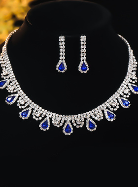 施家奢华满钻水滴形耳环项链两件