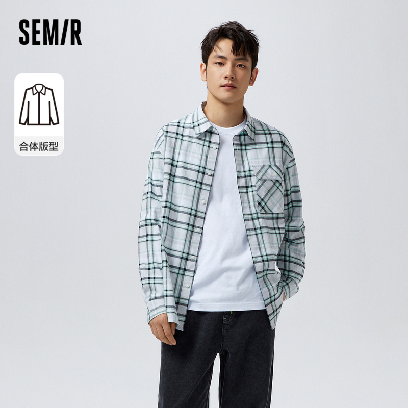 森马（Semir）长袖衬衫男春季时尚经典格纹纯棉休闲风上衣日常 - 图0