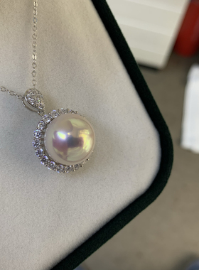 天然色白透粉极亮珍珠吊坠S925纯银挂件13-14mm