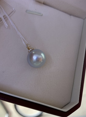 无调色蓝血澳白吊坠12-13mm高亮泽正圆微瑕18k金镶嵌海水珍珠