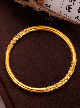 小红书周家同款感古法紫荆花卷草纹传承手镯 雕花素圈女手环