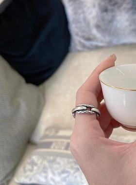 欧美银色复古简约个性时尚做旧菱格纹戒指小众设计日常百搭指环女