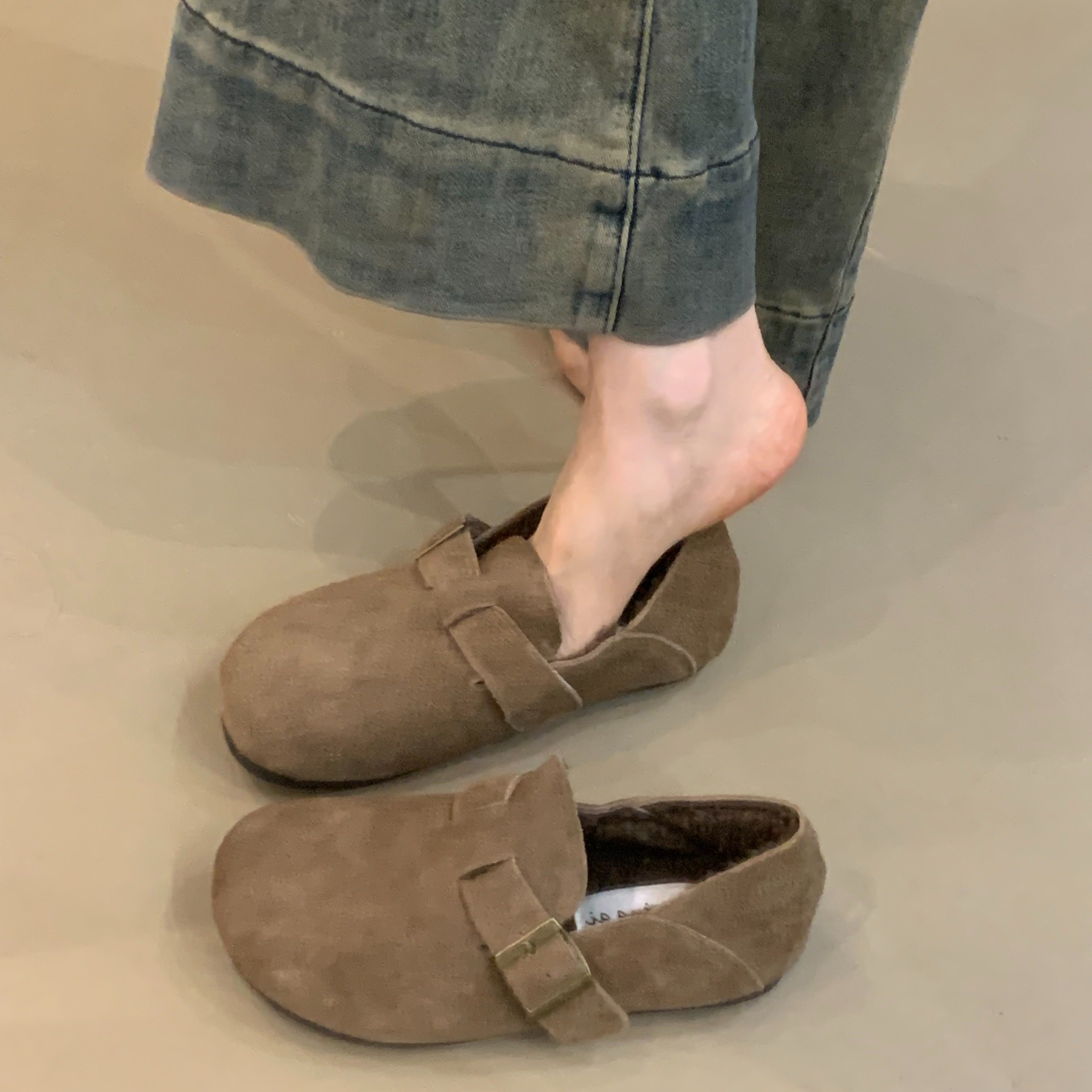 牛皮版！2025年冬季款森女文艺风复古磨砂真皮一脚蹬加绒勃肯棉鞋,淘宝优惠券,粉丝福利购,淘宝优惠卷