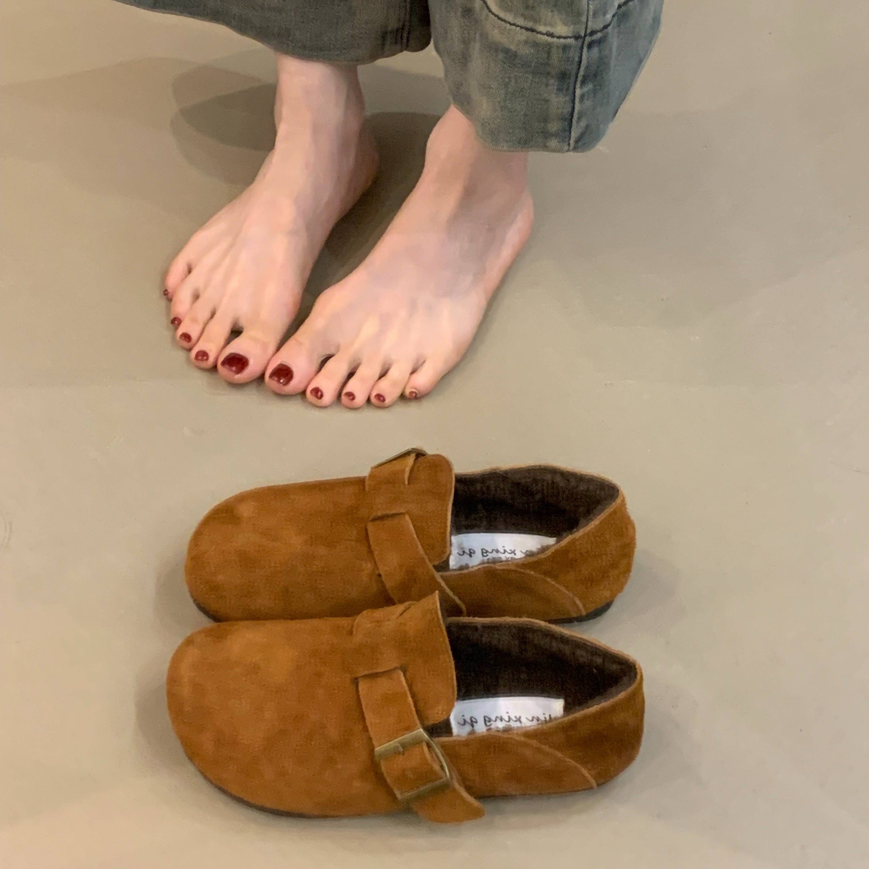 牛皮版！2025年冬季款森女文艺风复古磨砂真皮一脚蹬加绒勃肯棉鞋,淘宝优惠券,粉丝福利购,淘宝优惠卷