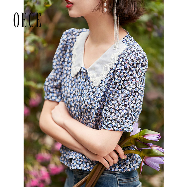Oece summer new artistic gentle lace collar shirt