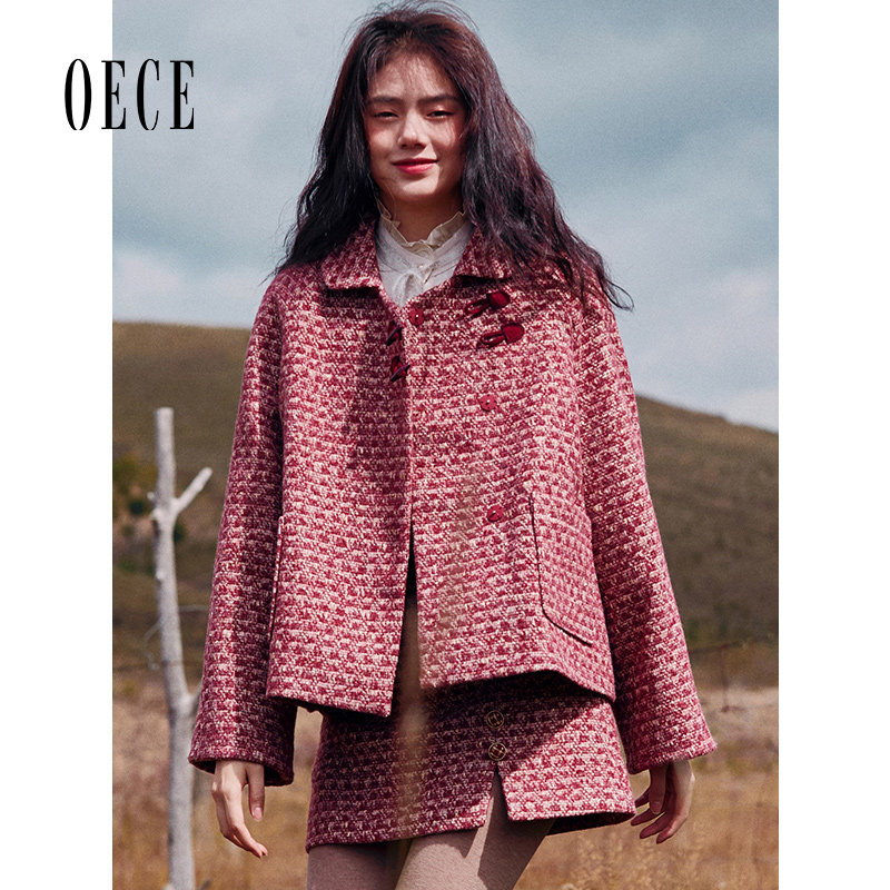 Oece冬装新款女装 复古设计感修身高腰A字毛呢短裙秋冬半身裙 - 图2