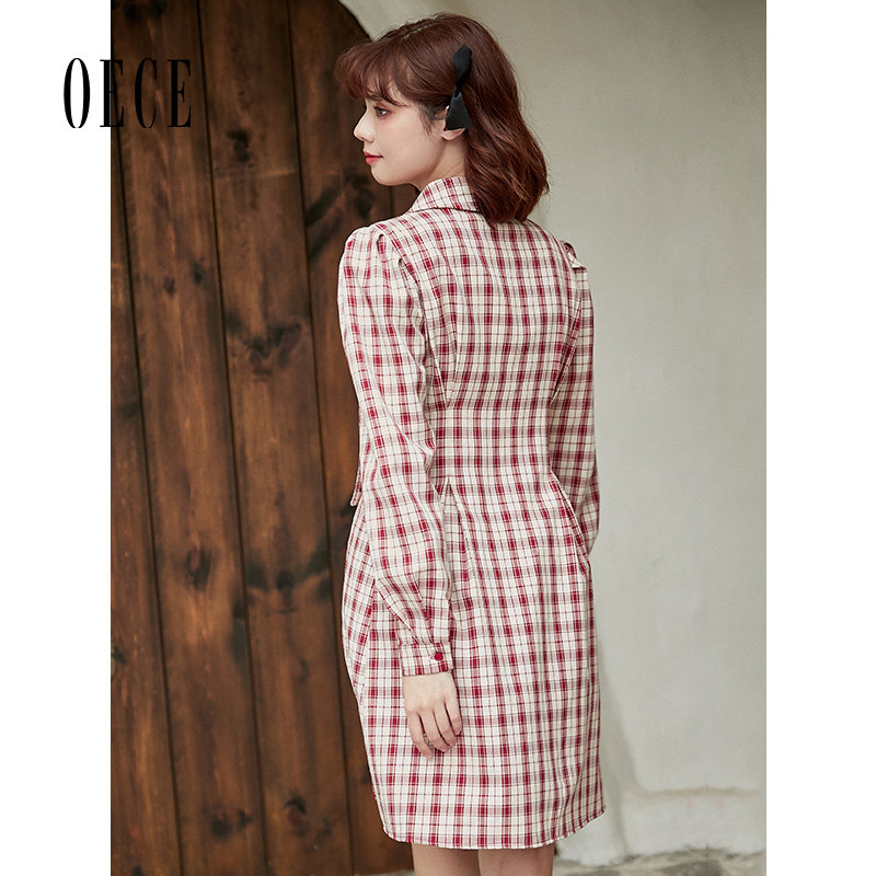 Oece复古格纹连衣裙秋冬季新款女装法式气质收腰长袖裙子春,淘宝优惠券,粉丝福利购,淘宝优惠卷