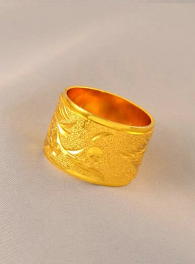15毫米宽越南沙金龙纹戒指男久不掉色宽版车花龙戒镀金老板戒指男