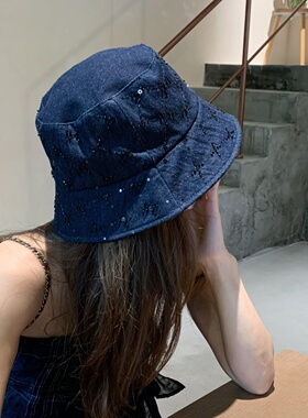 GREENHOUSES韩国高品质复古牛仔渔夫帽子女新款亮片遮阳防晒盆帽