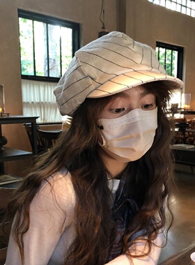 GREENHOUSES复古条纹棉麻八角帽子女新款百搭显脸小贝雷帽画家帽