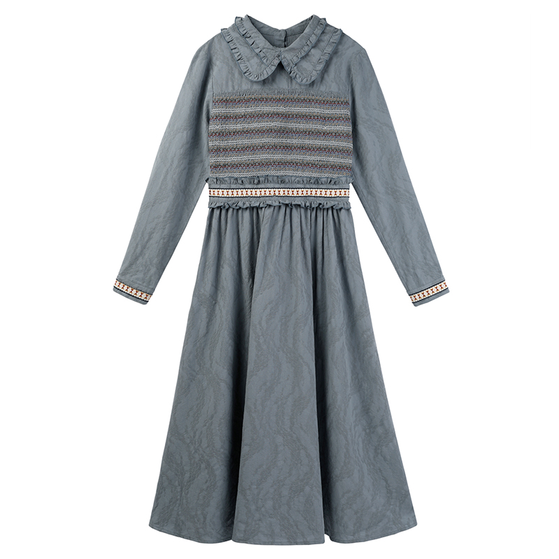 MintCheese独立设计 复古少女古典彩线打揽 贵族灰蓝暗纹连衣裙