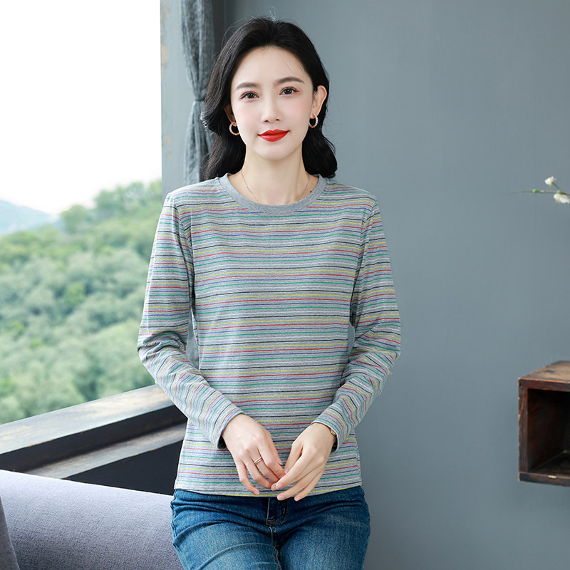 2025早秋装新款大码宽松纯棉长袖T恤女装外穿条纹打底衫上衣洋气,淘宝优惠券,粉丝福利购,淘宝优惠卷