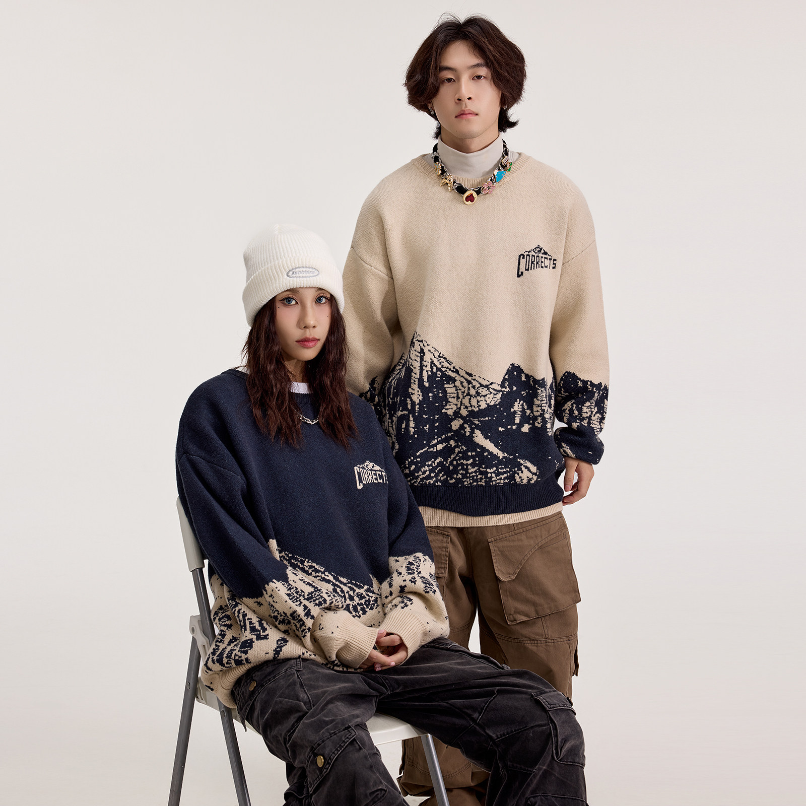 TIRED美式潮牌复古雪山提花圆领毛衣男女秋冬情侣针织衫套头上衣,淘宝优惠券,粉丝福利购,淘宝优惠卷