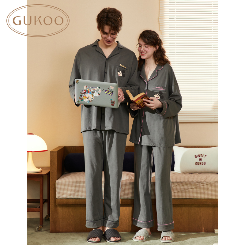 GUKOO/果壳春季新款情侣睡衣女棉质睡衣简约卡通男家居服春秋套装 - 图0