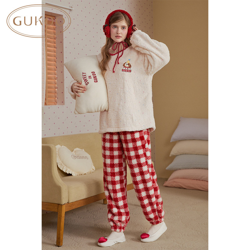 Gukoo/果壳新年睡衣女加厚圣诞冬长毛绒卡通红色女士家居服套装,淘宝优惠券,粉丝福利购,淘宝优惠卷